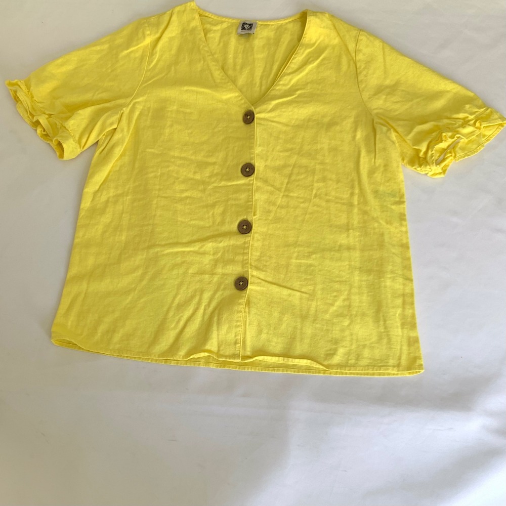 Anne‎ Klein Linen Blend Top Women Yellow Button Front Puff Sleeve Coastal Boho